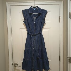 Draper James Denim Belted Midi Full Button Dress With Flutter Sleeves Size Med